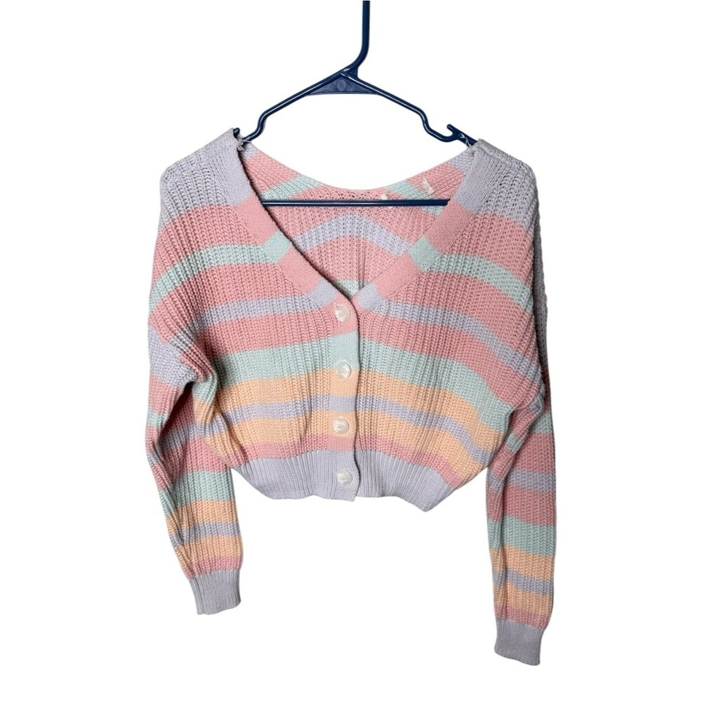 Rainbow Multi Pastel Striped V-Neck Cropped Cardigan Sweater M/L